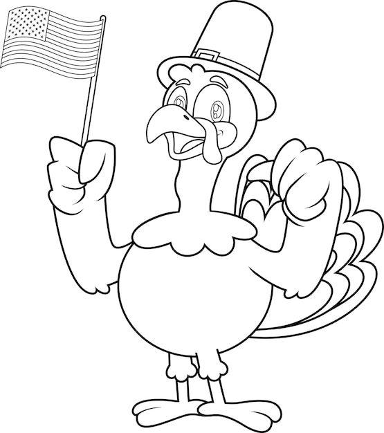 Premium vector outlined cute pilgrim turkey cartoon character waving us flag vector hand drawn illustration