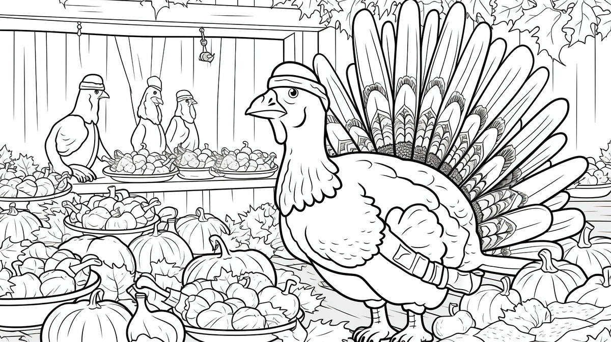 Thankful thanksgiving coloring page featuring a turkey with pumpkins background turkey picture coloring page background image and wallpaper for free download