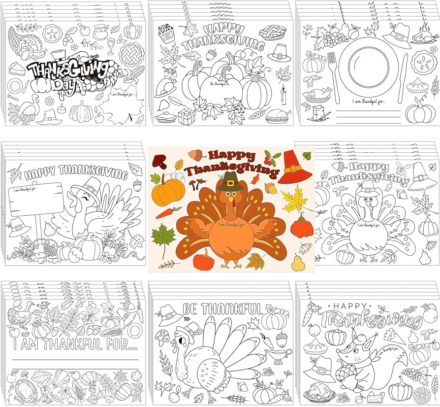 Colarr pieces kids coloring placemats thanksgiving crafts for kids activity paper table mats turkey disposable bulk bundle set placemats to write thankful list for children style home kitchen