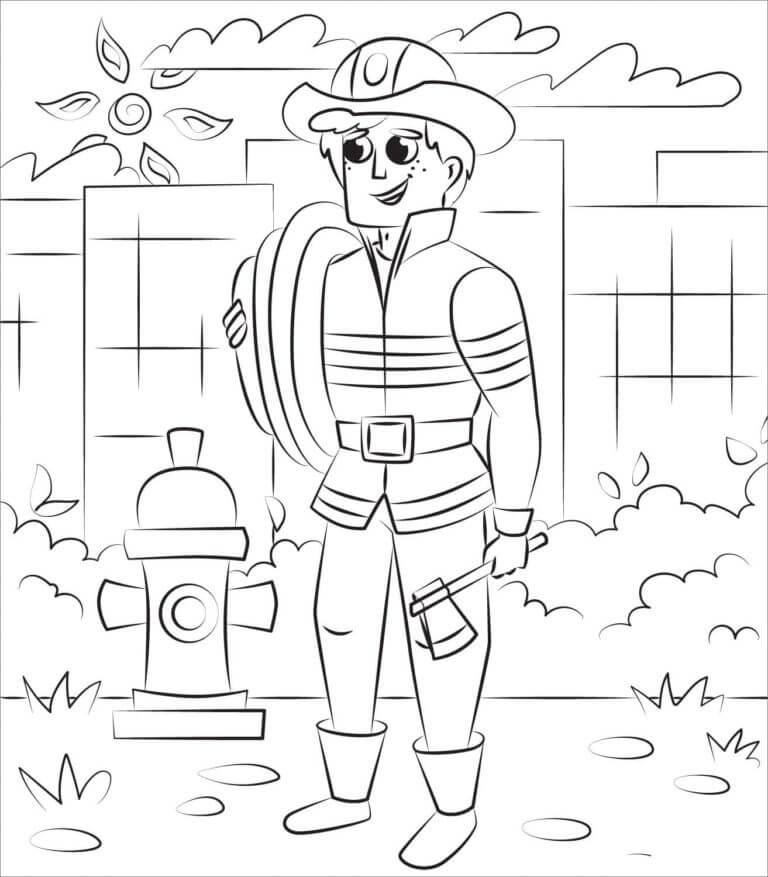 Firefighter in the car ready to go on a mission coloring page