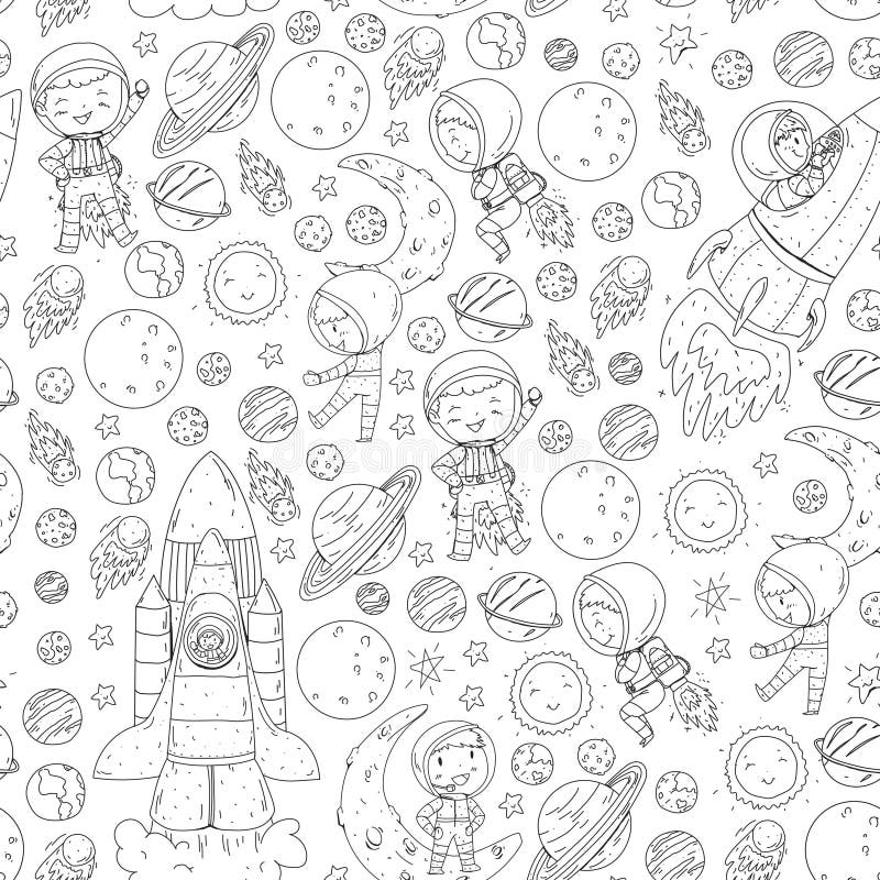 Space for children coloring page book kids and cosmos exploration adventures planets stars earth and moon rocket stock vector