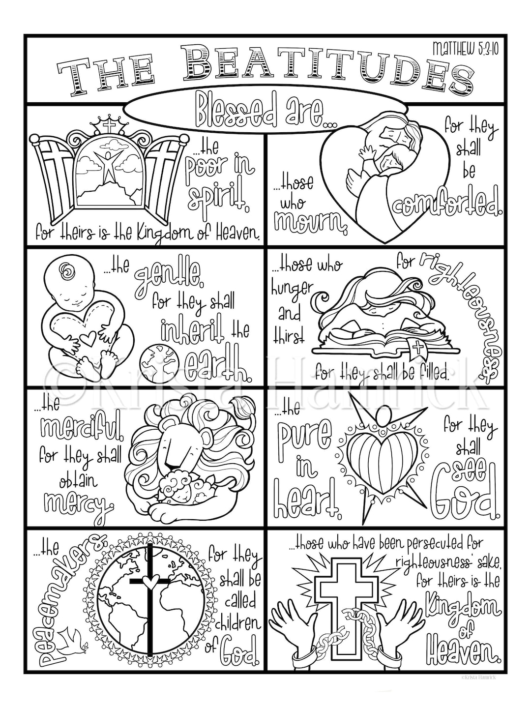 The beatitudes coloring collection includes coloring pages