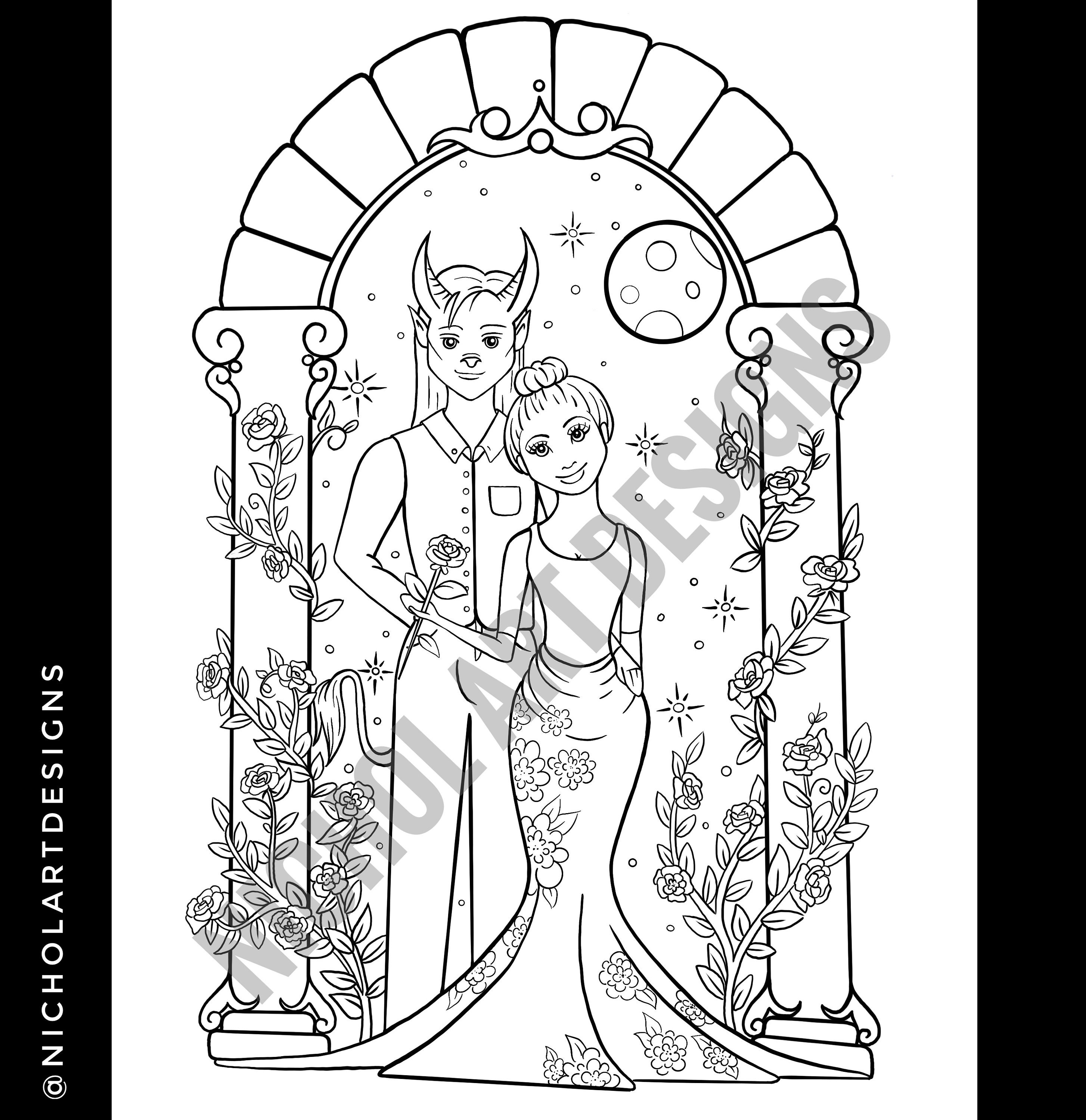 Beauty and the beast colouring page fairy tale coloring page downloadable colouring page printable coloring page belle colouring page