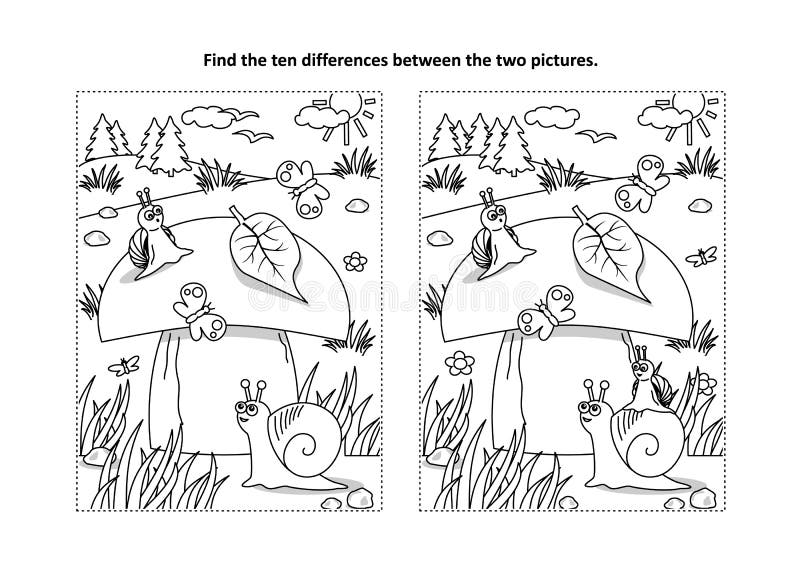 Find the differences visual puzzle and coloring page with mushroom and snails stock vector