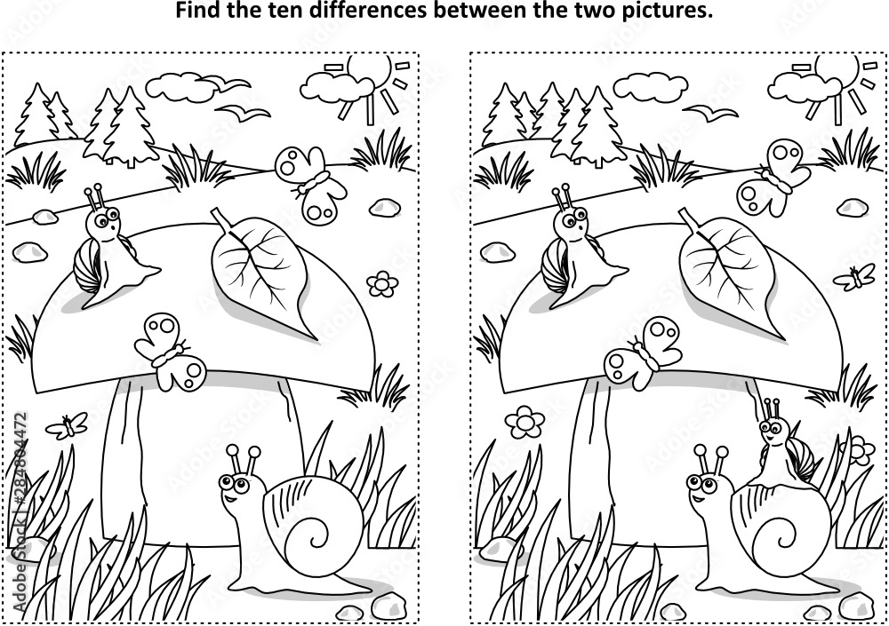 Find the ten differences picture puzzle and coloring page with big yummy mushroom and mom and kids snails vector