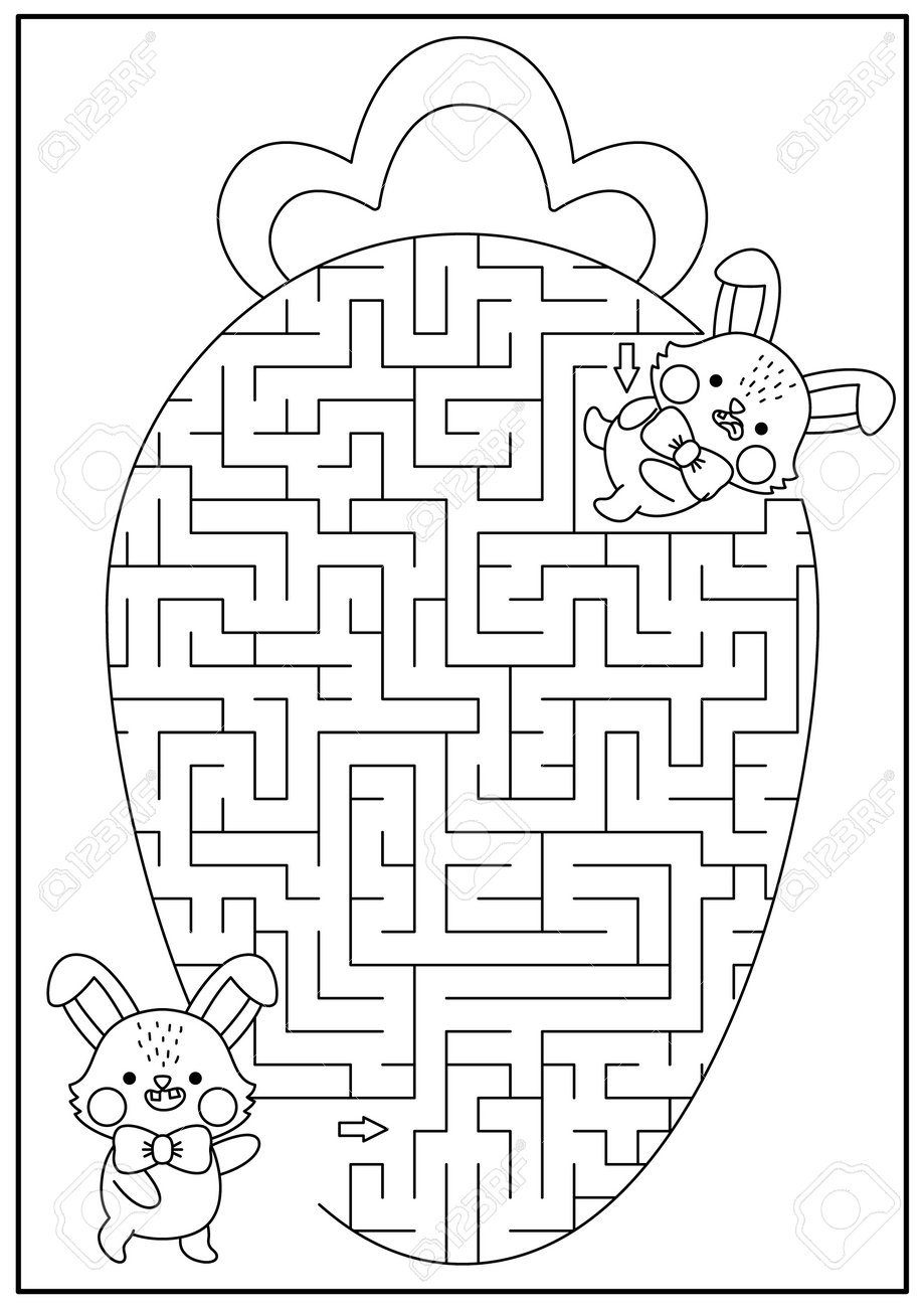 Easter black and white maze for kids spring holiday preschool printable activity with kawaii bunny eating big carrot geometrical labyrinth game puzzle or coloring page with cute character royalty free svg cliparts