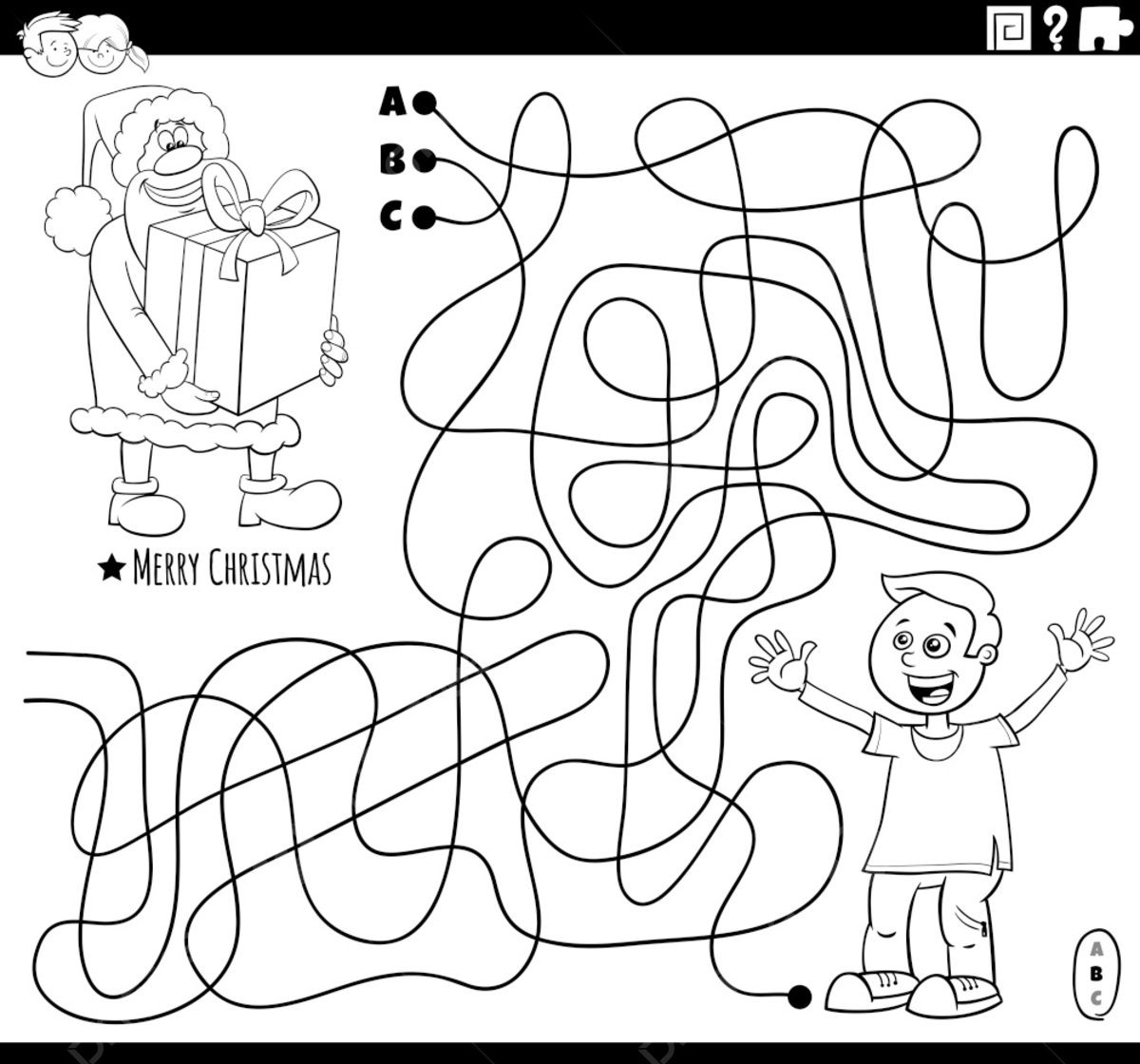 Black and white cartoon illustration of lines maze puzzle game with santa claus character with big present and happy boy on christmas time coloring book page template download on