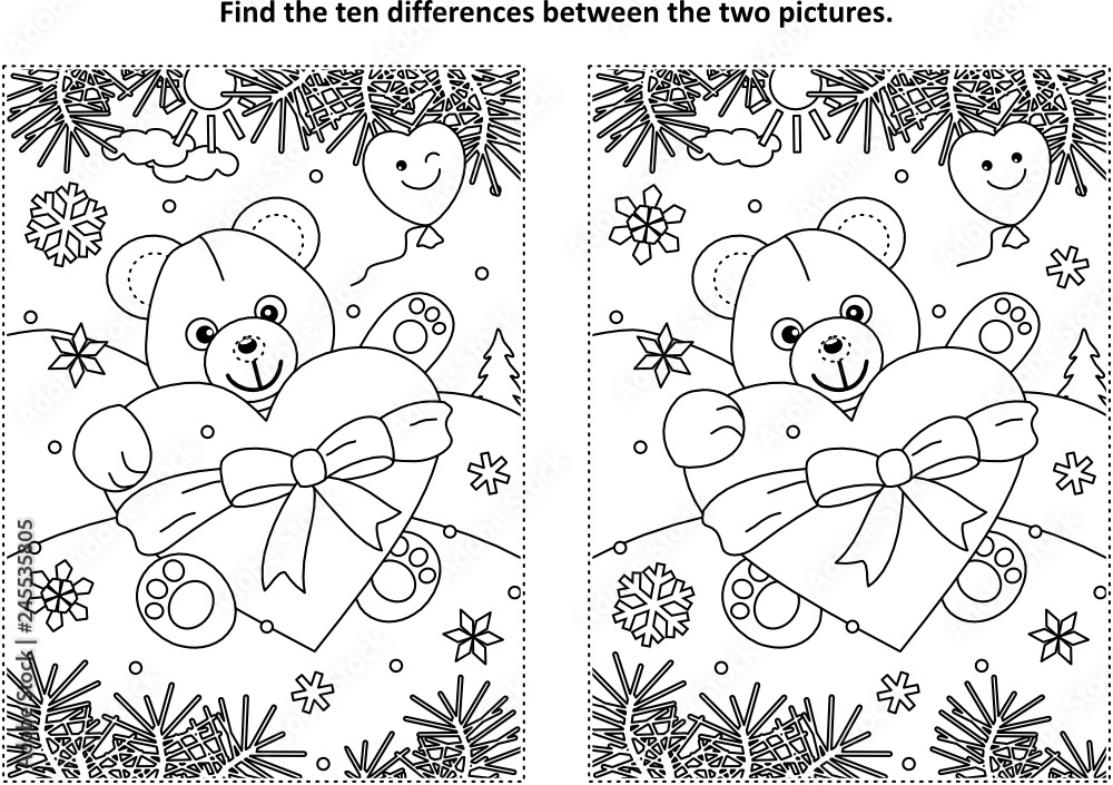 Valentines day find the ten differences picture puzzle and coloring page with teddy bear and big heart vector