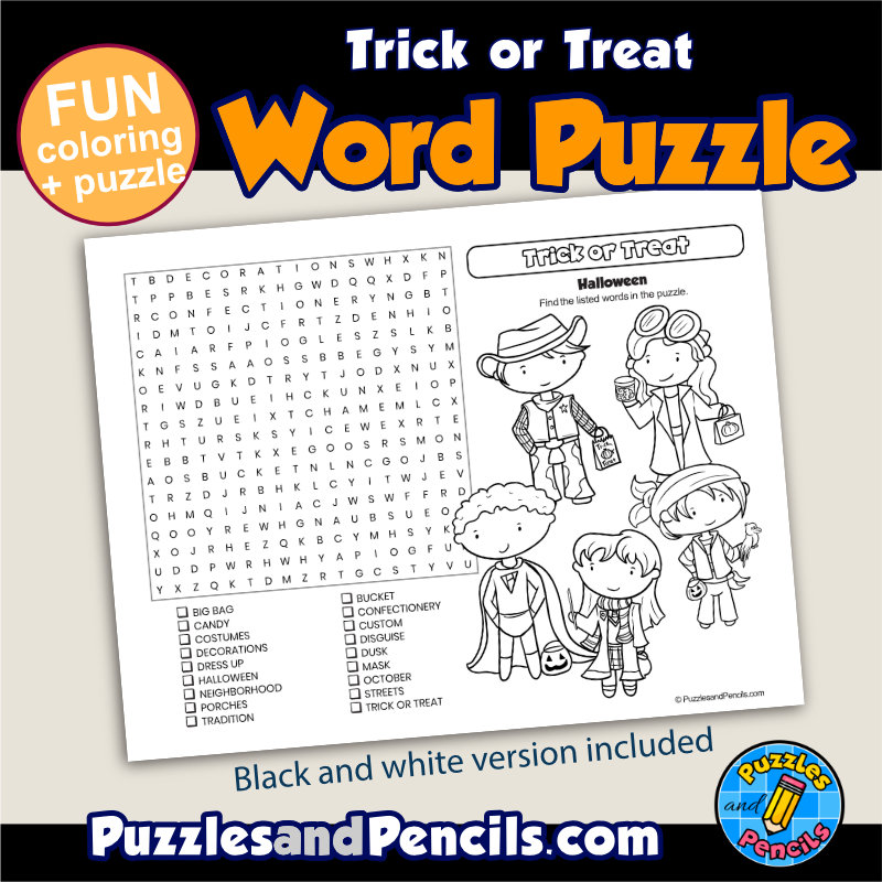 Trick or treat word search puzzle activity and coloring halloween wordsearch made by teachers