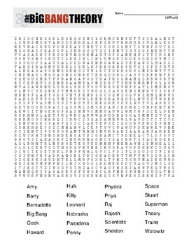 Big bang theory difficult word search key and coloring page sub plan use