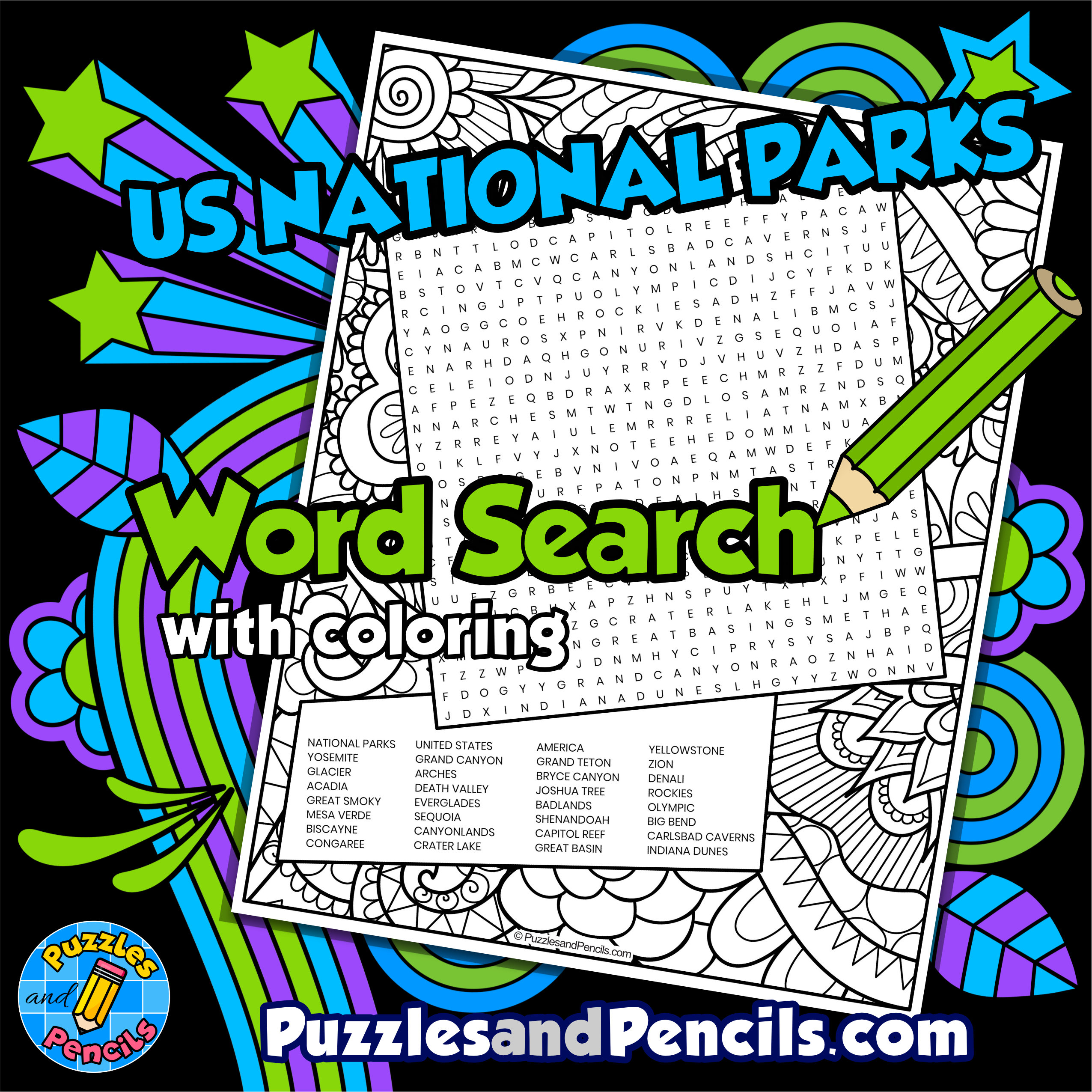 Us national parks word search puzzle with coloring wordsearch made by teachers