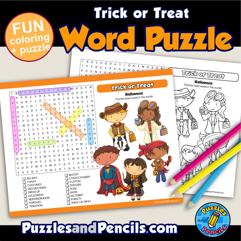 Trick or treat word search puzzle activity and coloring halloween wordsearch made by teachers