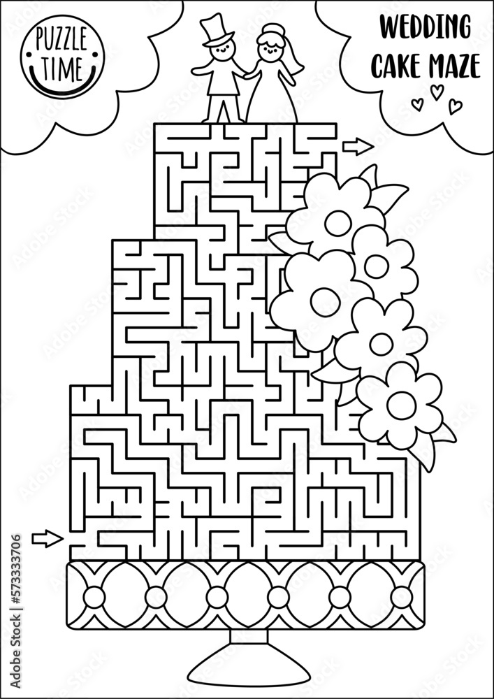 Wedding black and white maze for kids with big cake bride and groom figurines marriage ceremony preschool printable activity matrimonial labyrinth coloring page with dessert and flowers vector