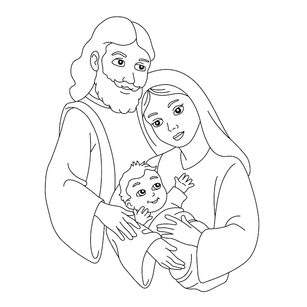 Premium vector christian mary and joseph with baby jesus coloring page the birth of christ catholic picture