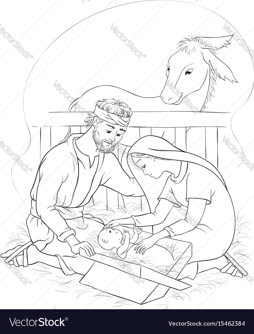 Nativity scene jesus mary joseph coloring page vector image