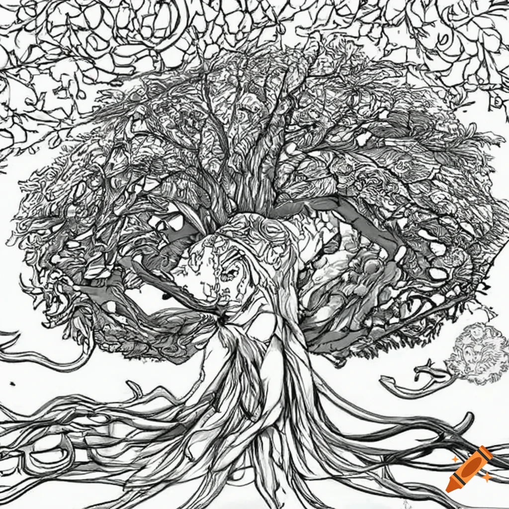 Black white coloring book line drawing tree on