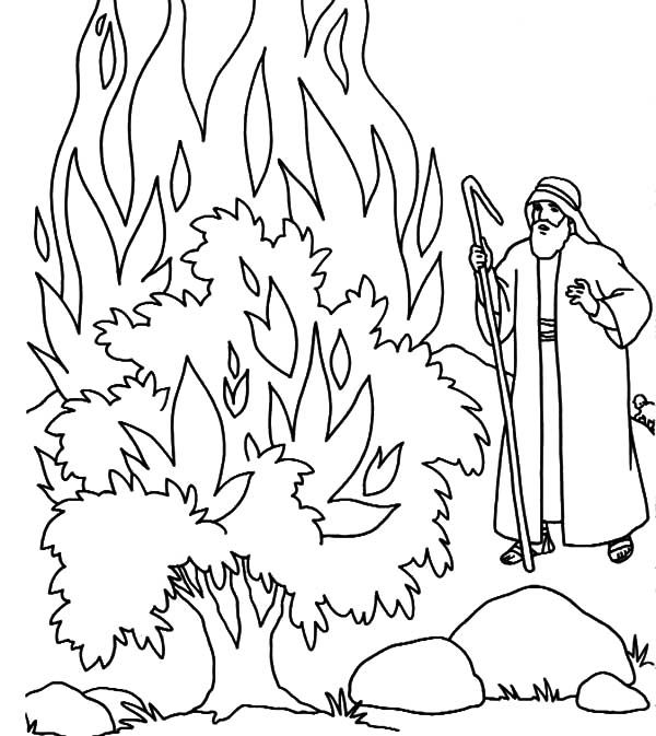 Fire burning bush in fornt of moses coloring pages