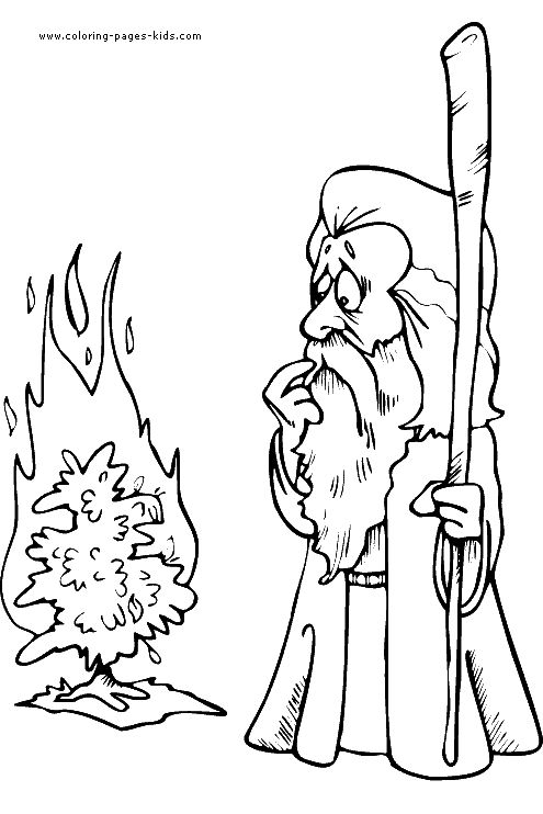 Moses with burning bush coloring page sunday school coloring pages coloring pages bible coloring pages