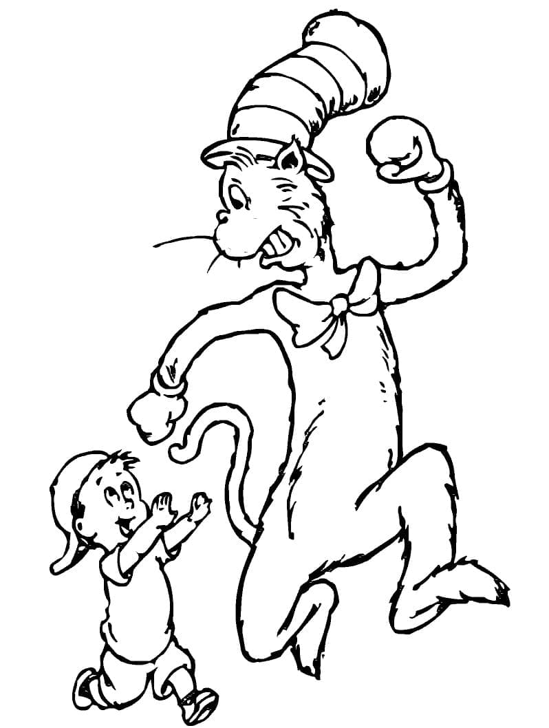 Boy and cat in the hat coloring page