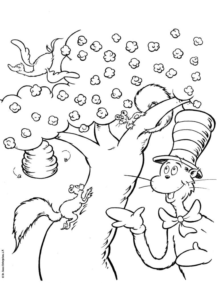 Cat in the hat and tree coloring page