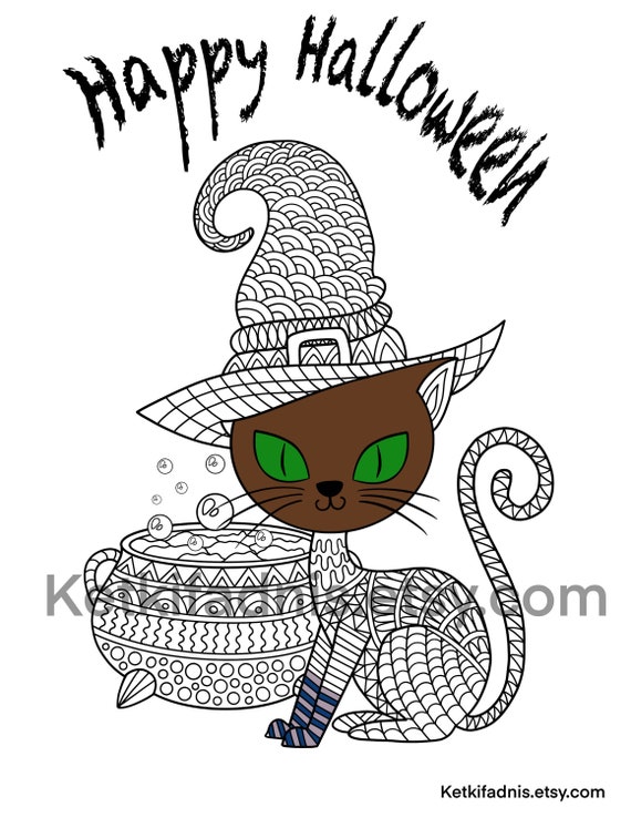 Cat in witch hat colouring page halloween coloring page pdf digital download