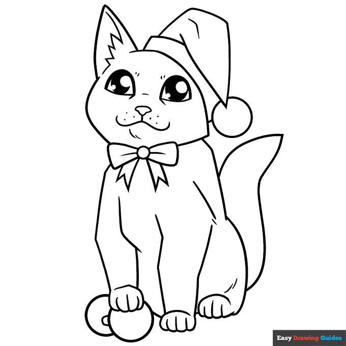Cute christmas cat coloring page easy drawing guides