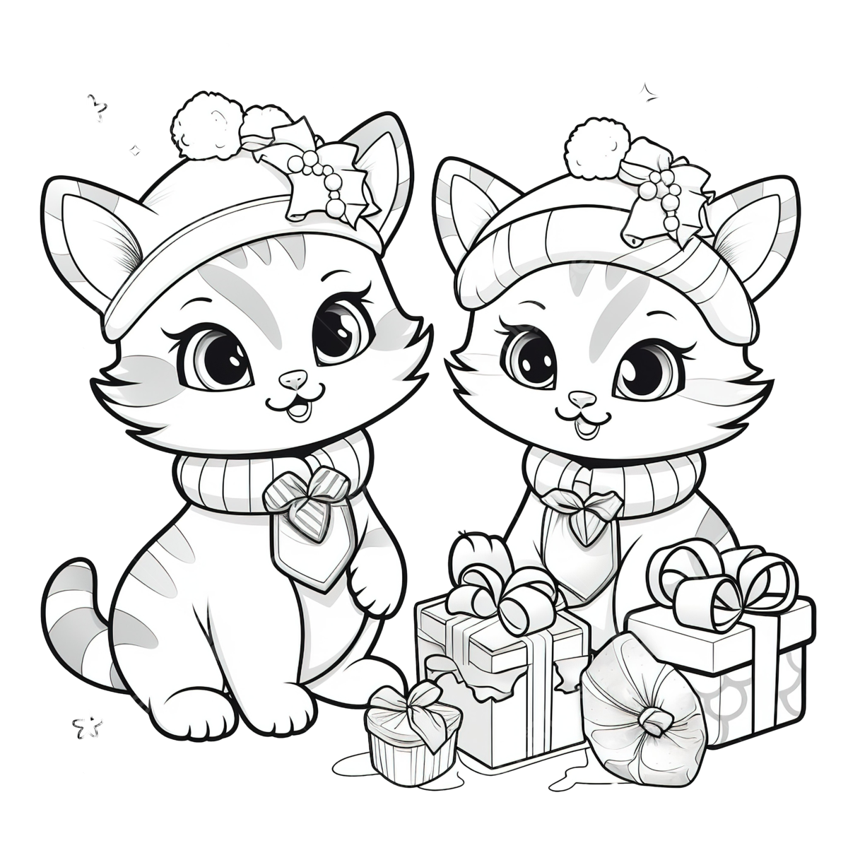 Cartoon cats characters with presents on christmas time coloring book page cat drawing christmas coloring christmas cat png transparent image and clipart for free download