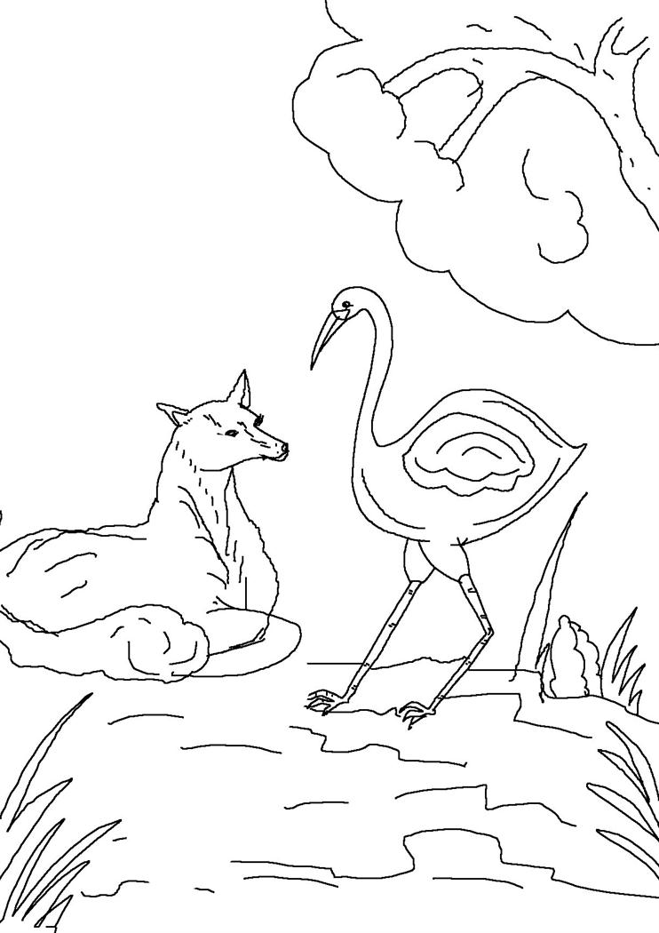 Fox and crane story colouring pages