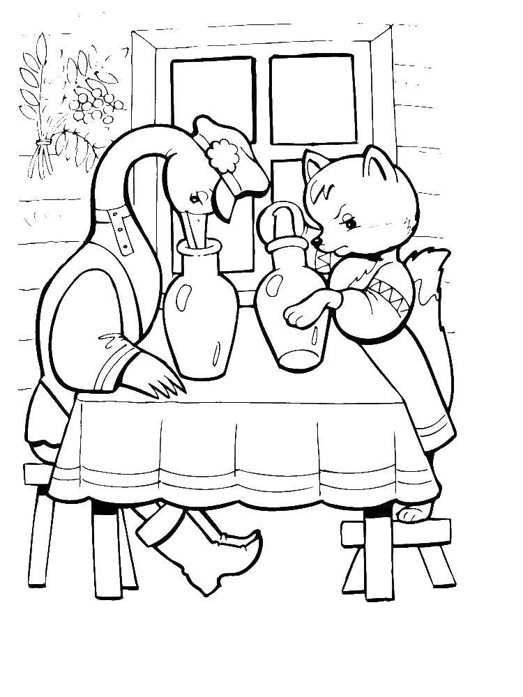 Online coloring pages crane coloring a fox cannot eat from the jar fox and the crane