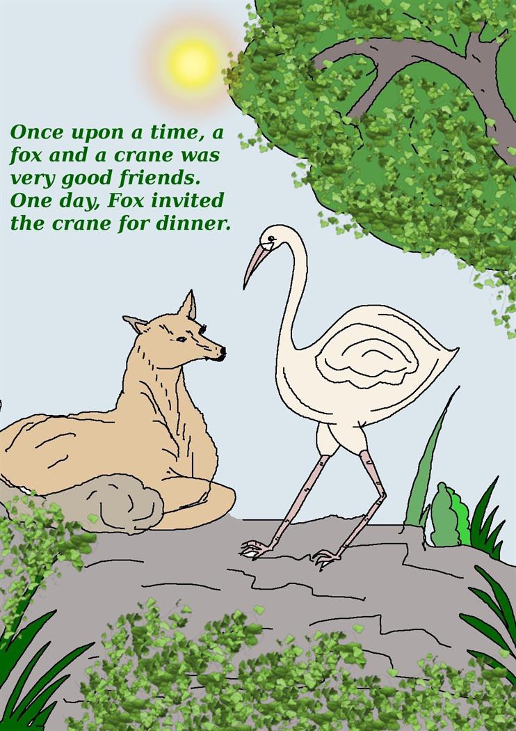 Fox and crane story and coloring pages