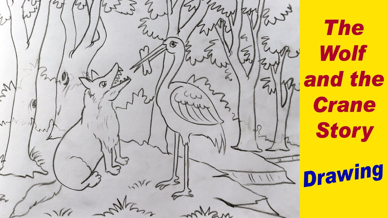 The wolf and the crane story drawing for kids