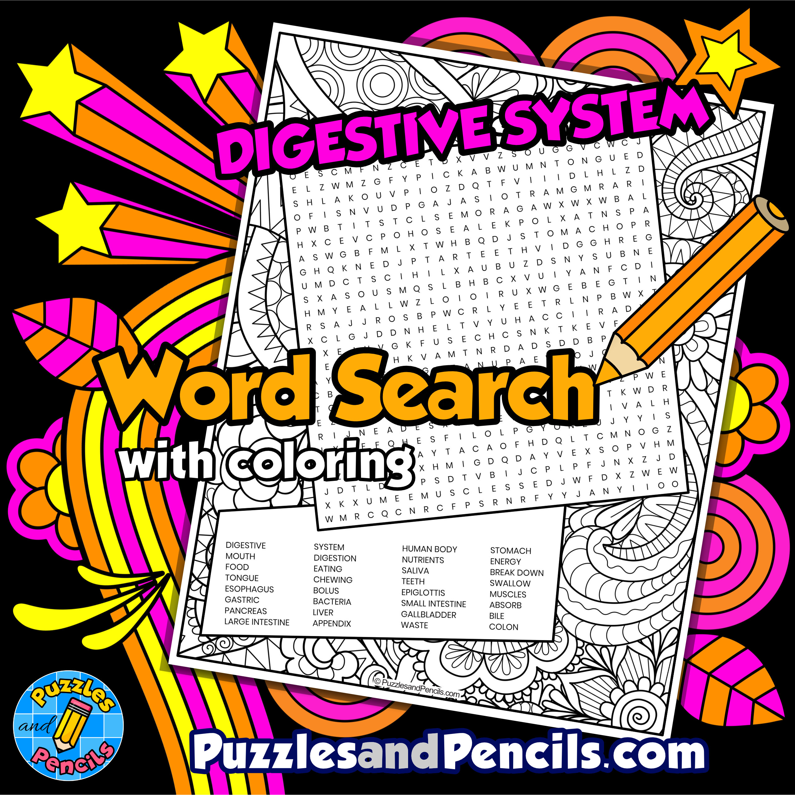 Digestive system word search puzzle with coloring human body systems wordsearch made by teachers