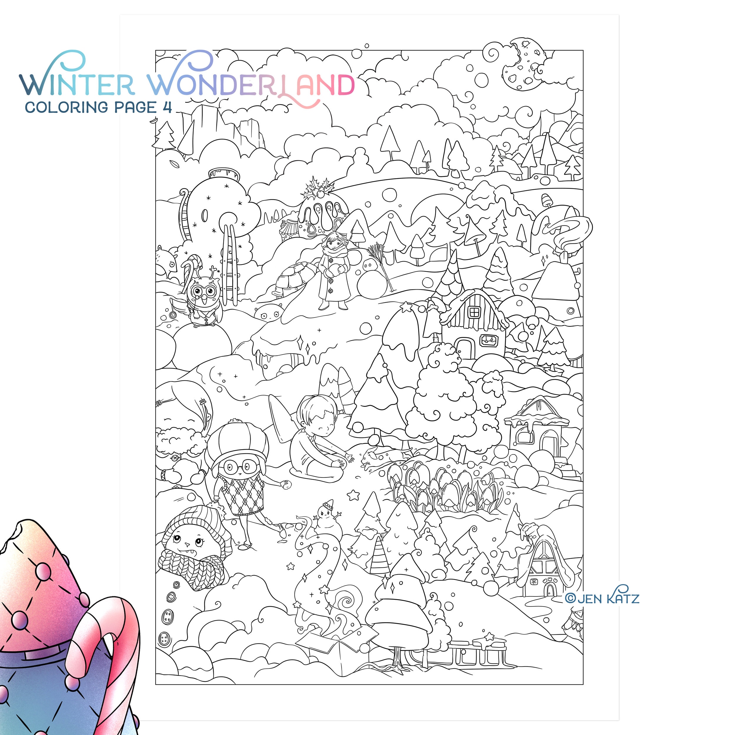 Winter wonderland adult coloring page cute christmas coloring santa kids snowman xmas doodle digital download pdf printable by jen katz download now