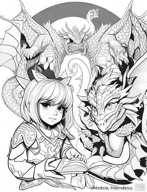 Premium ai image art for coloring book prince fighting with dragon