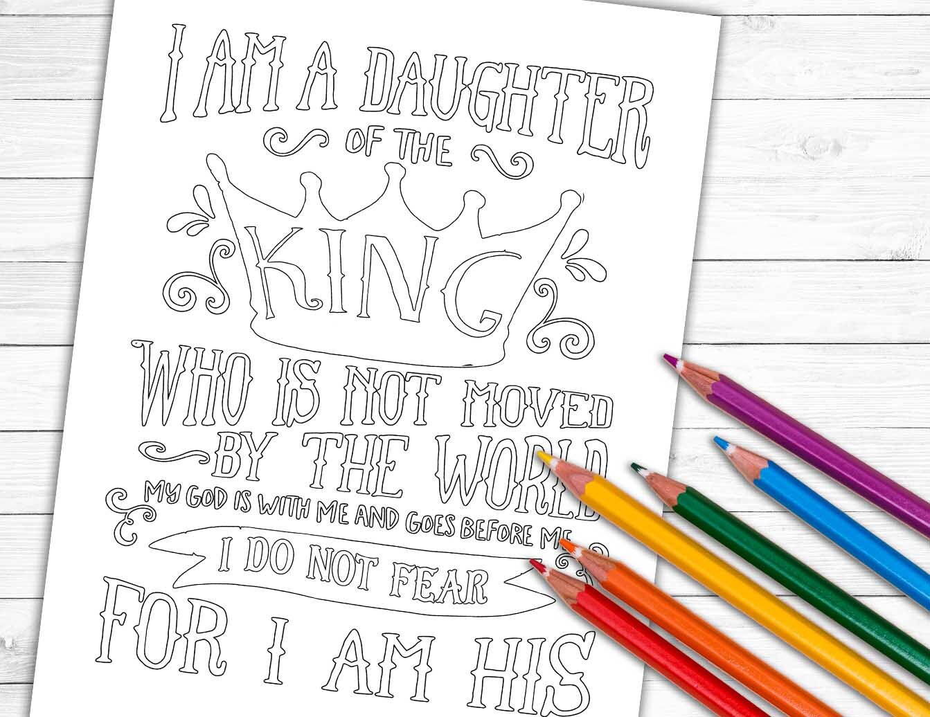 Daughter of the king coloring page x inches instant download