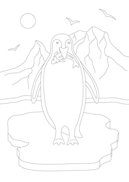 Premium vector childrens coloring book with a penguin on an ice floe