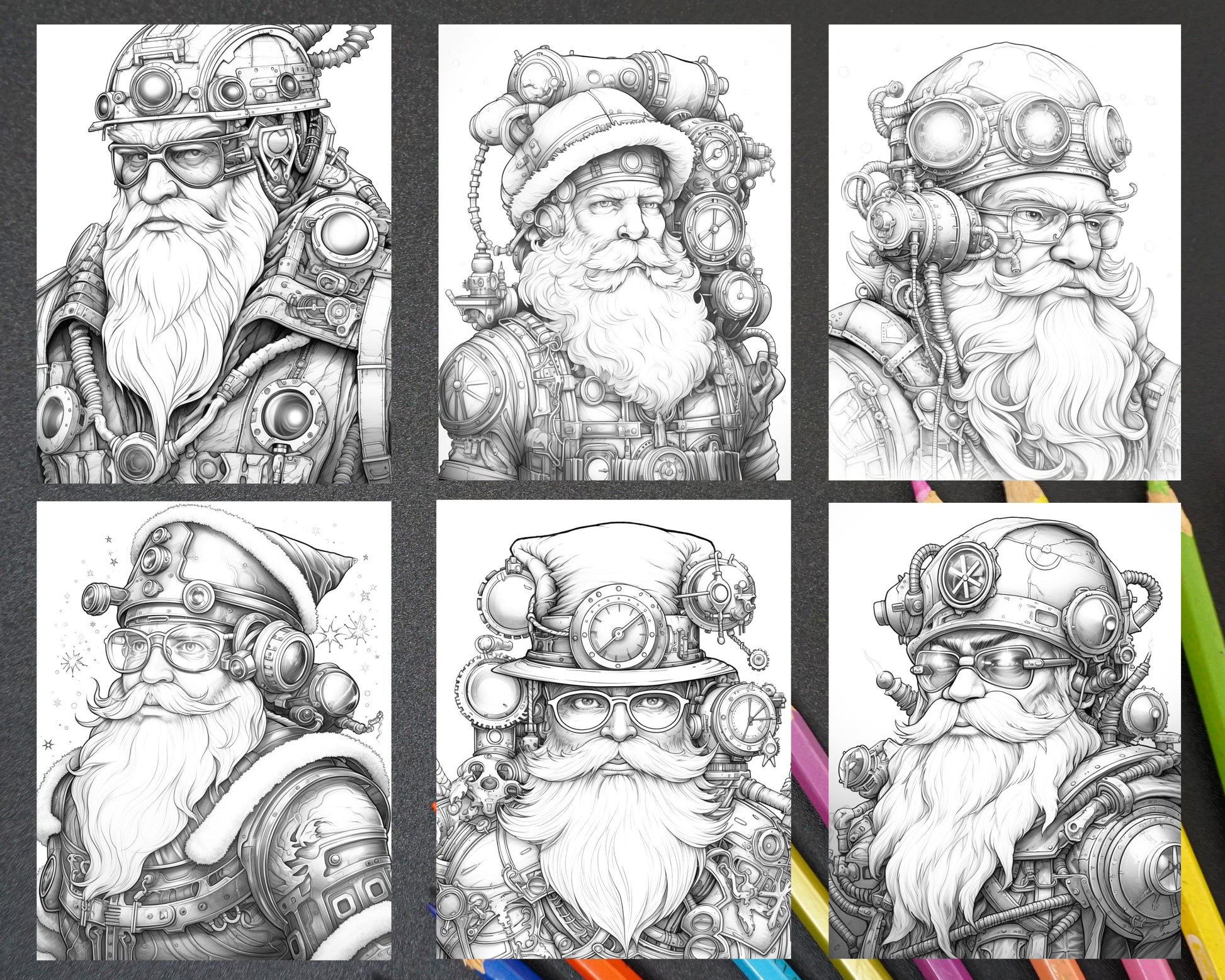 Steampunk santa claus grayscale coloring pages for adults printabl â coloring