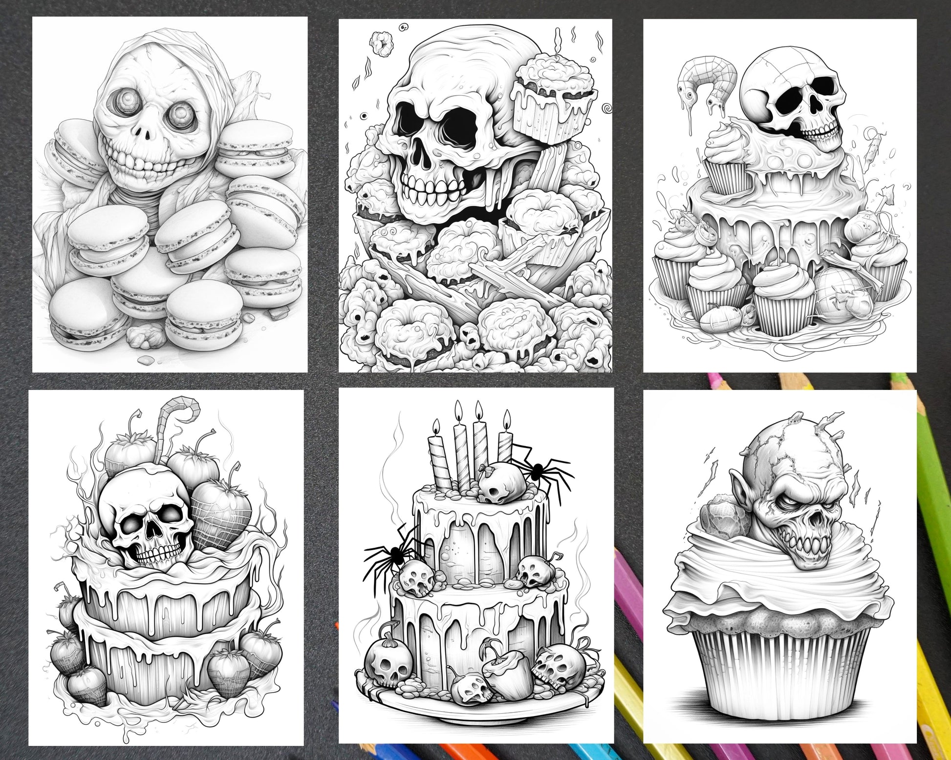 Halloween spooky desserts grayscale coloring pages printable for ad â coloring