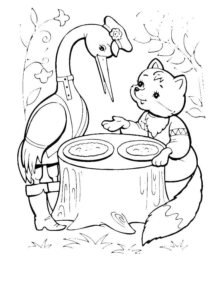 Online coloring pages coloring page the crane cannot eat porridge with a beak the fox and the crane download print coloring page