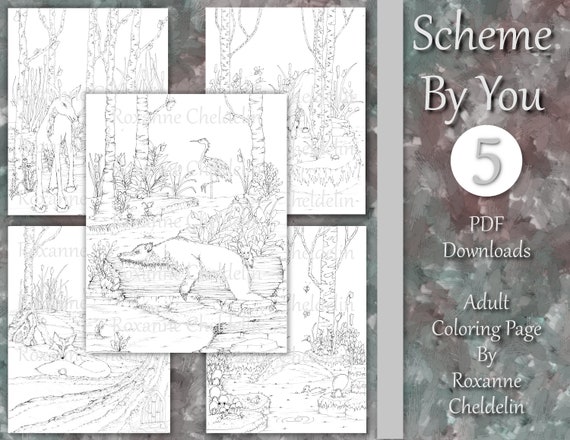 Woodland cute animal pack adult coloring pages includes a deer in the woods bear two cubs a crane a fox and swan instant download