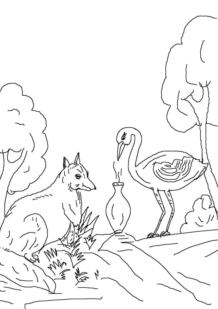 Fox and crane story colouring pages