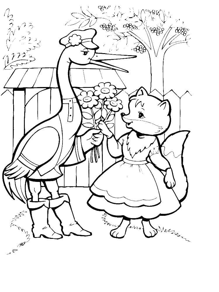 Online coloring pages coloring page the crane came to the fox the fox and the crane download print coloring page