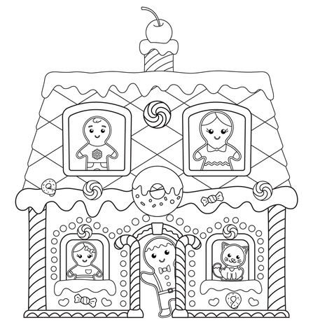 Gingerbread house with characters coloring page free printable coloring pages