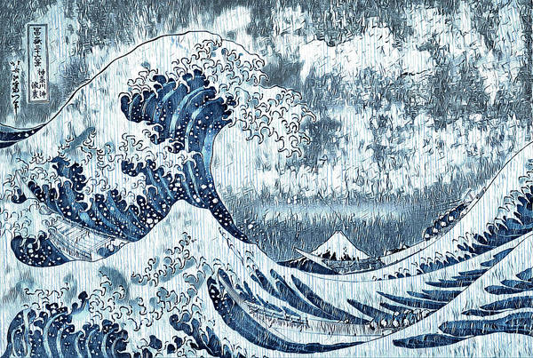 The great wave off kanagawa with wood texture effect and in blue color poster by nicko prints