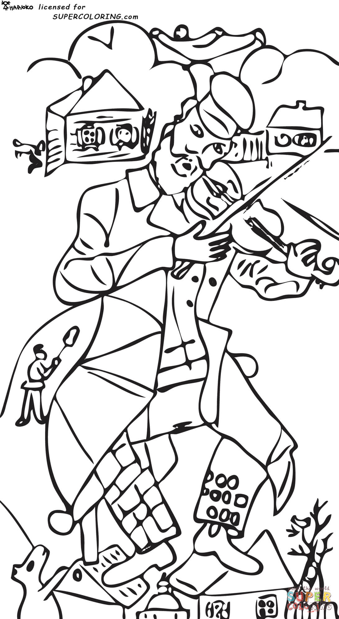 The green violinist by marc chagall coloring page free printable coloring pages