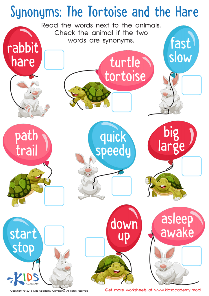 Synonyms the tortoise and hare worksheet for kids