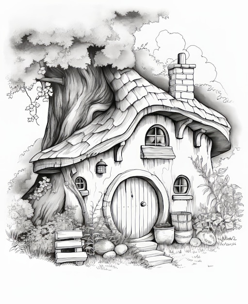 Premium ai image the hobbit house a minimalist adult coloring book of beautiful nature with clean and simple black o