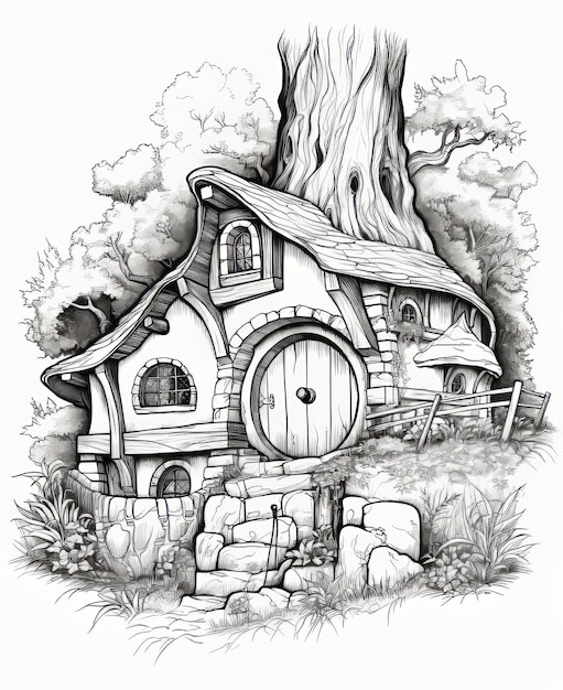 Premium ai image intricate simplicity the black white hobbit house coloring book with stunning nature landscapes