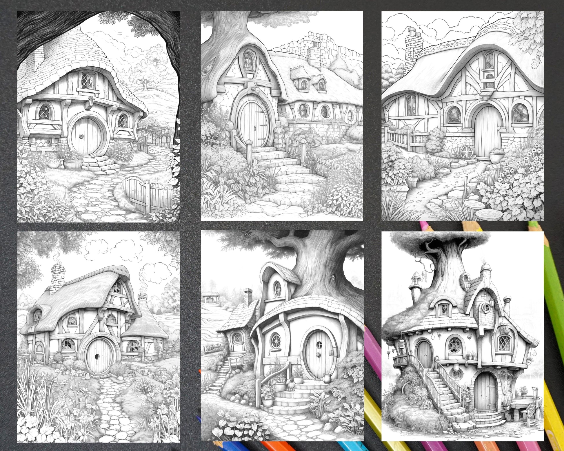 Enchanted hobbiton houses grayscale coloring pages printable for ad â coloring