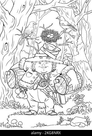 Funny forest gnome drawing coloring page with the magician dwarf coloring template with wizard stock photo